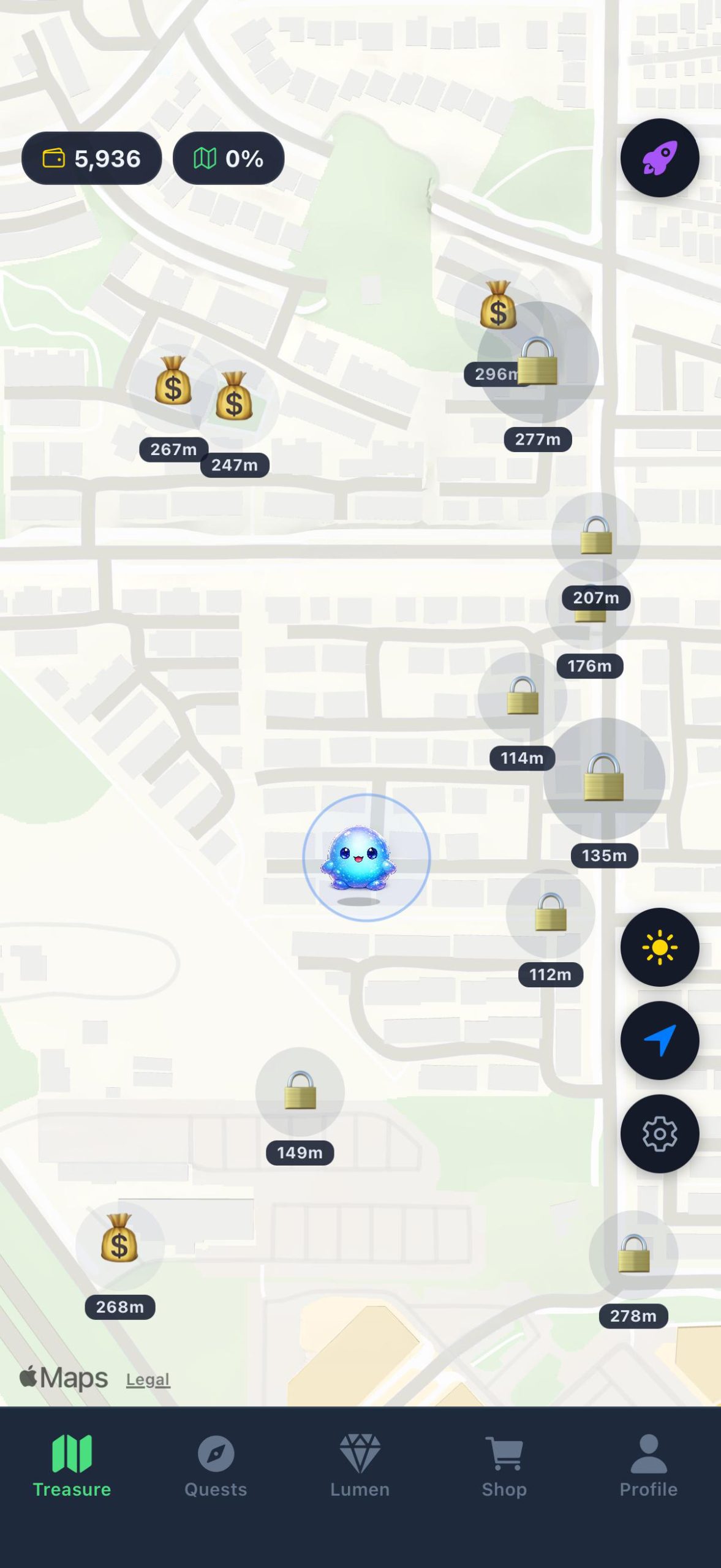 TreasureSteps live map showing money bags and treasure spawns on real streets