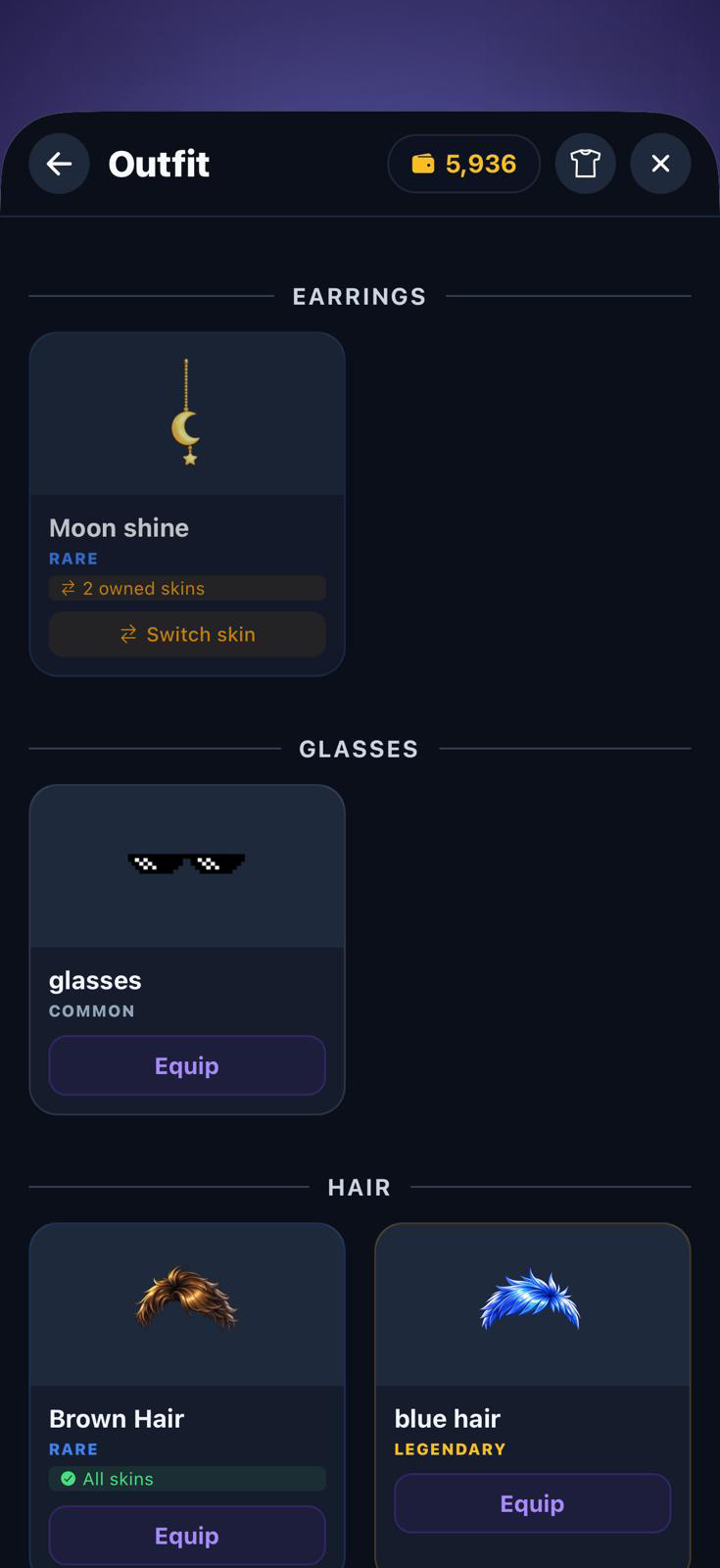 Outfit screen with earrings, glasses, and hair categories