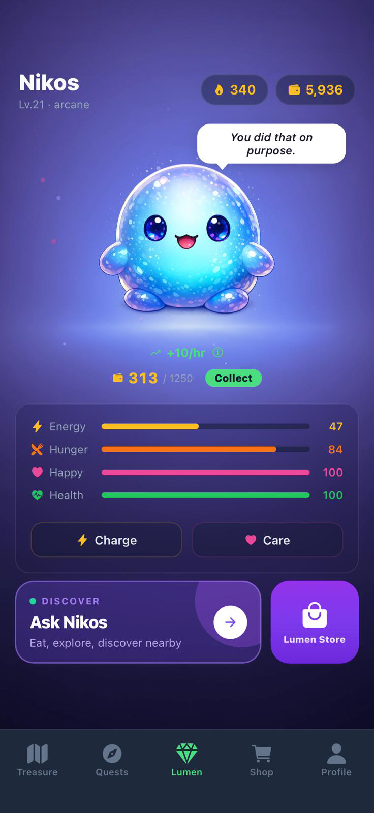 Lumen home screen with Energy, Hunger, Happiness and Health stats