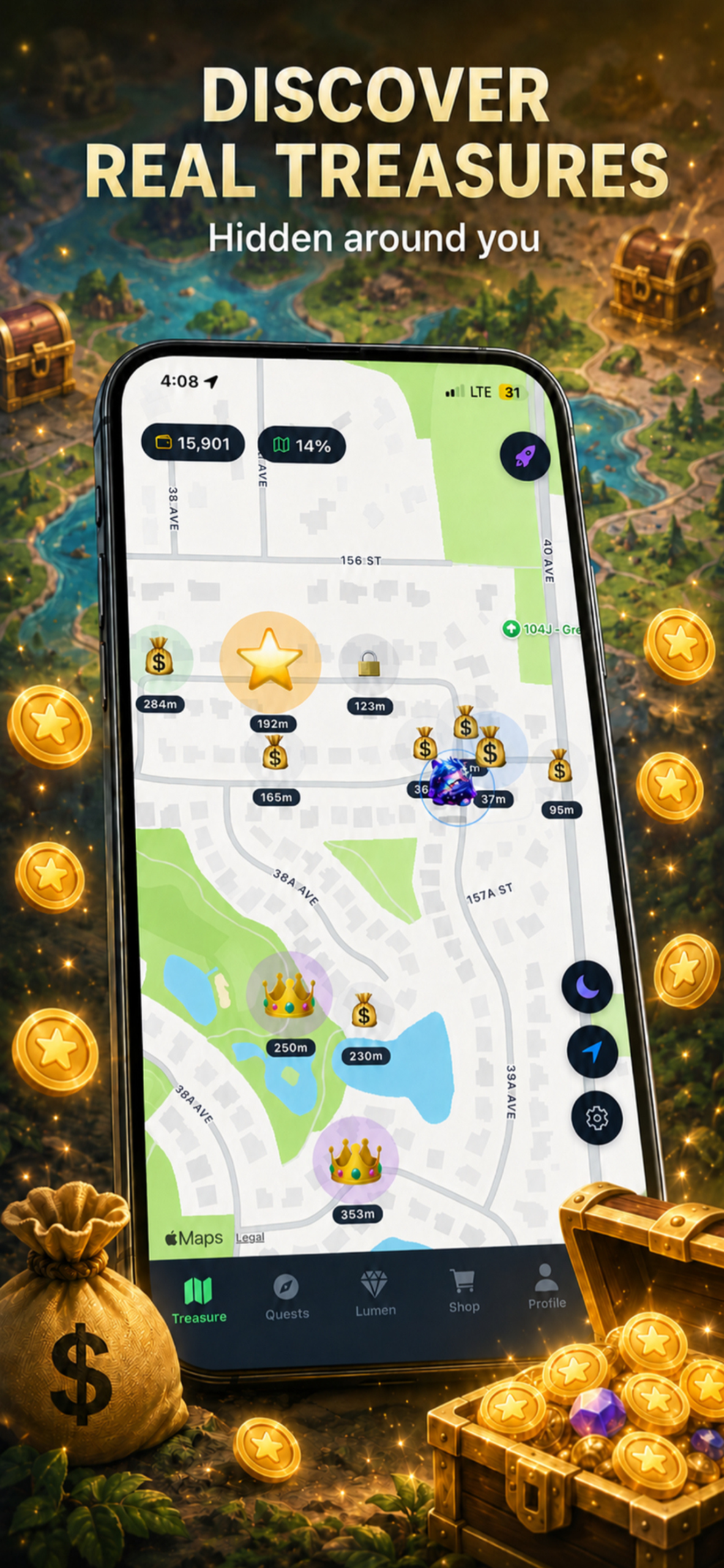 TreasureSteps live map showing sticker packs and treasure spawns on real streets