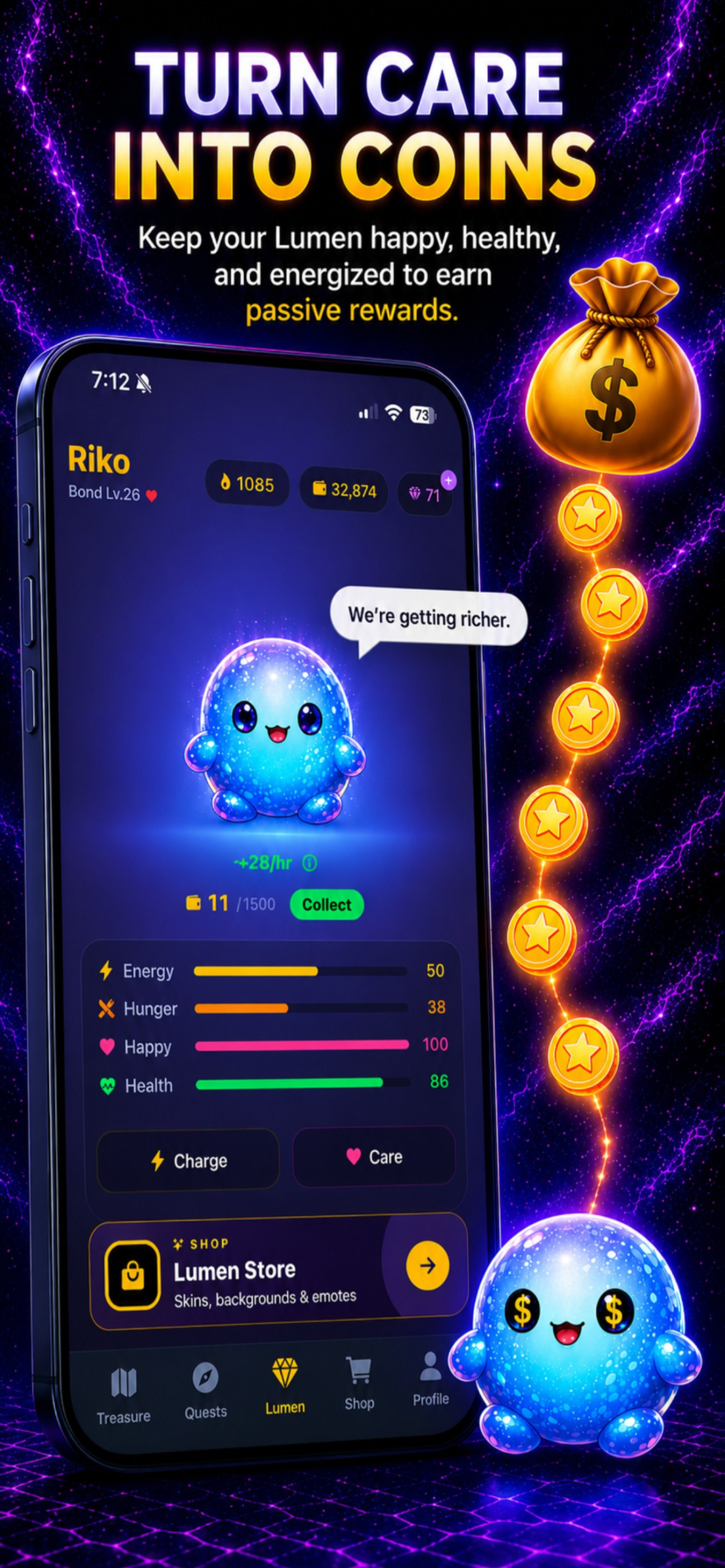 Lumen home screen with Hunger, Happiness and Health stats