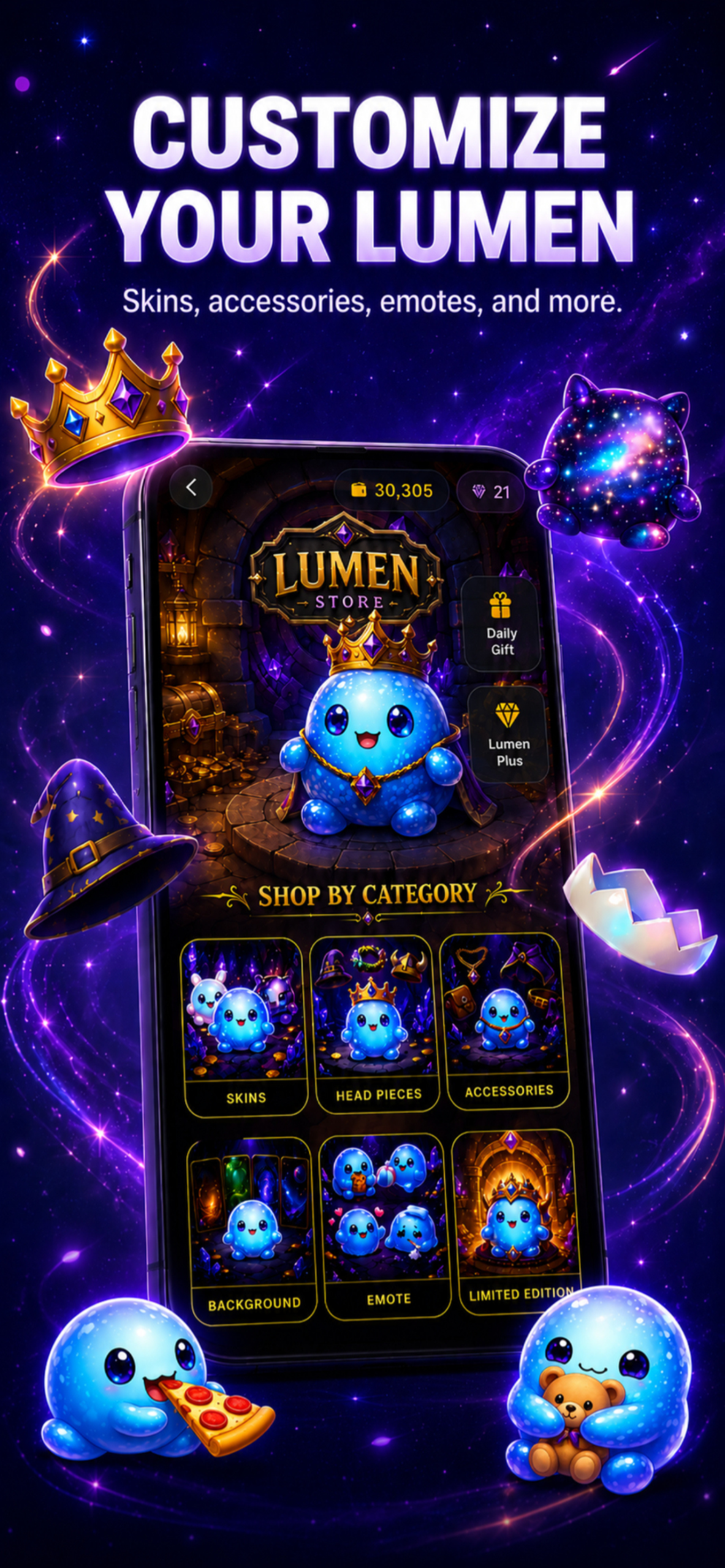 Lumen customization screen with skins, accessories and backgrounds