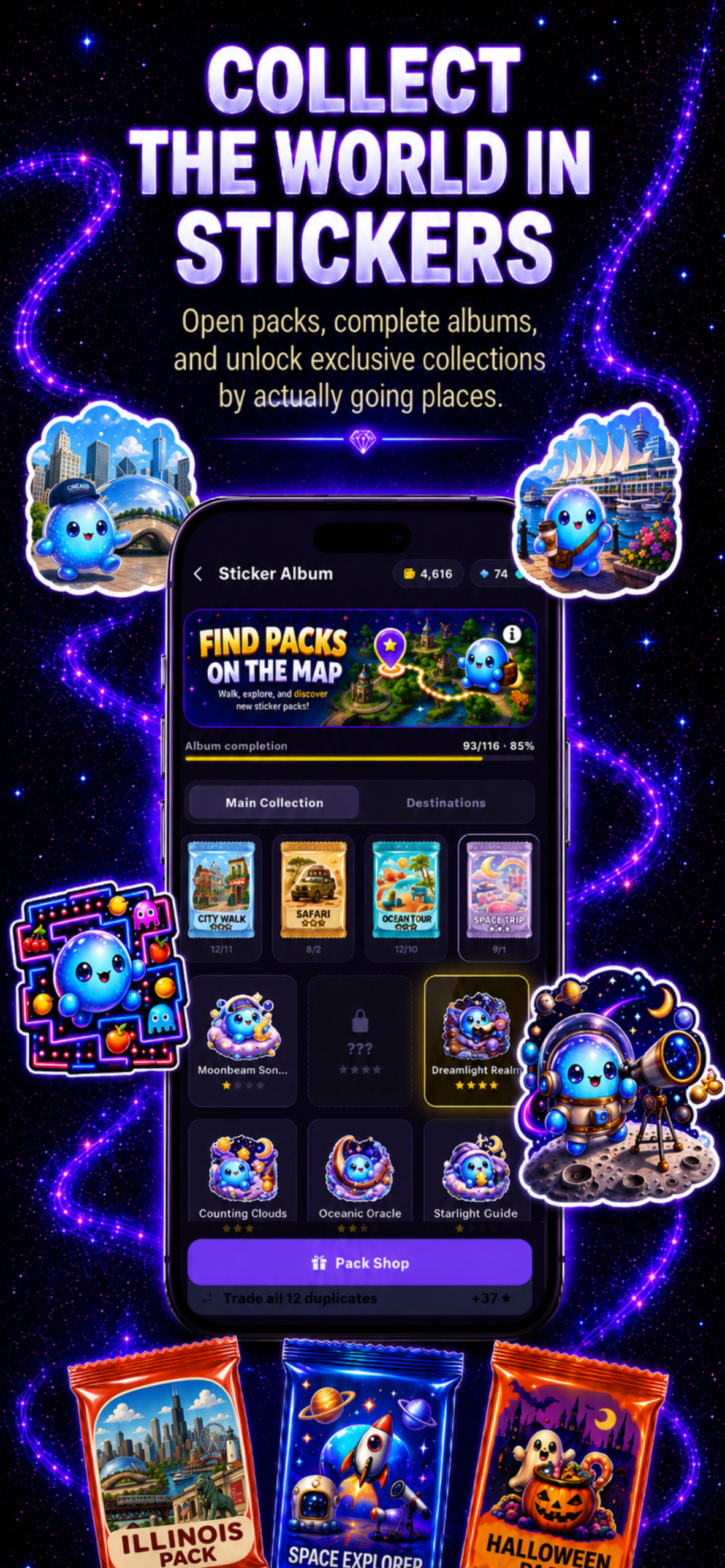 TreasureSteps sticker album with collectible location and themed sticker packs